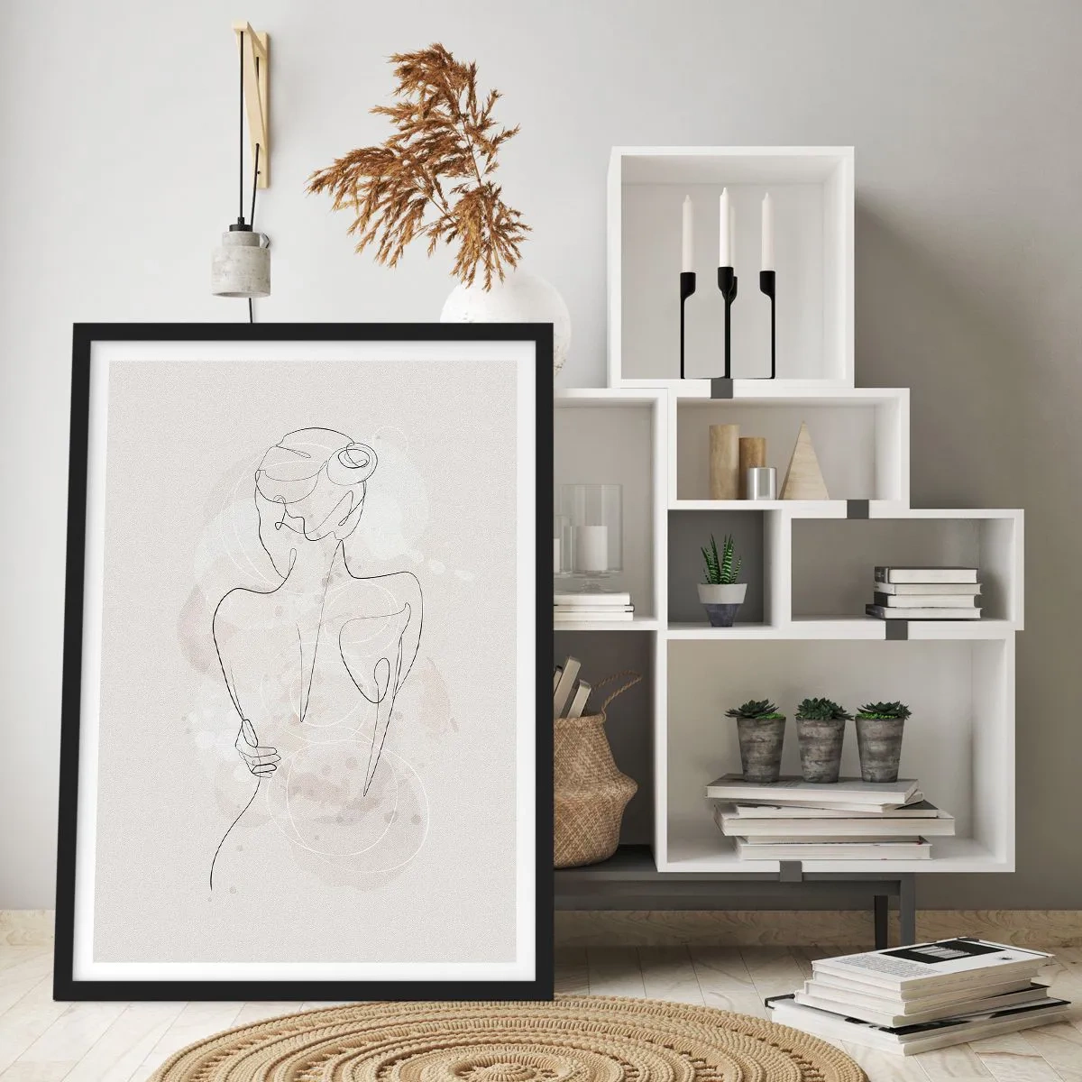 Poster în ramă neagră - O siluetă feminină delicată într-o linie continuă - 50x70cm - Ca un instrument sensibil - Decorațiune modernă pentru perete pentru living și dormitor ARTTOR