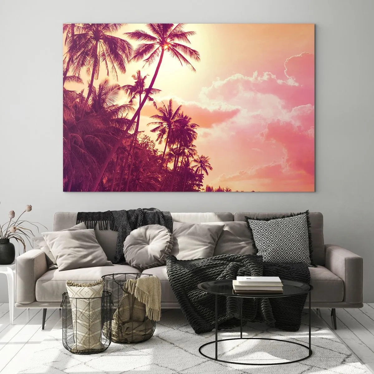 Tablou pe sticlă - Palmieri tropicali în lumina soarelui apus pe un cer roz - 70x50cm - Trebuie să alegeți - Decorațiune modernă pentru perete pentru living și dormitor ARTTOR