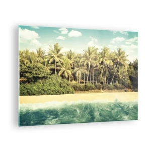 Tablou pe sticlă - O plajă exotică cu palmieri și o mare turcoaz într-o zi însorită - 70x50cm - Ce zici de aici? - Decorațiune modernă pentru perete pentru living și dormitor ARTTOR