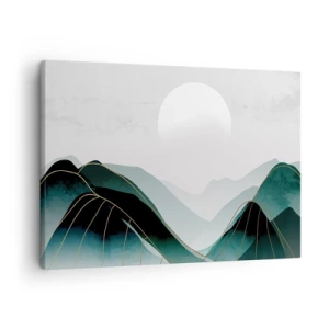 Tablou pe pânză Canvas - Peisaj montan abstract cu lună și linii aurii - 70x50cm - Măreție deplină - Decorațiune modernă pentru perete pentru living și dormitor ARTTOR