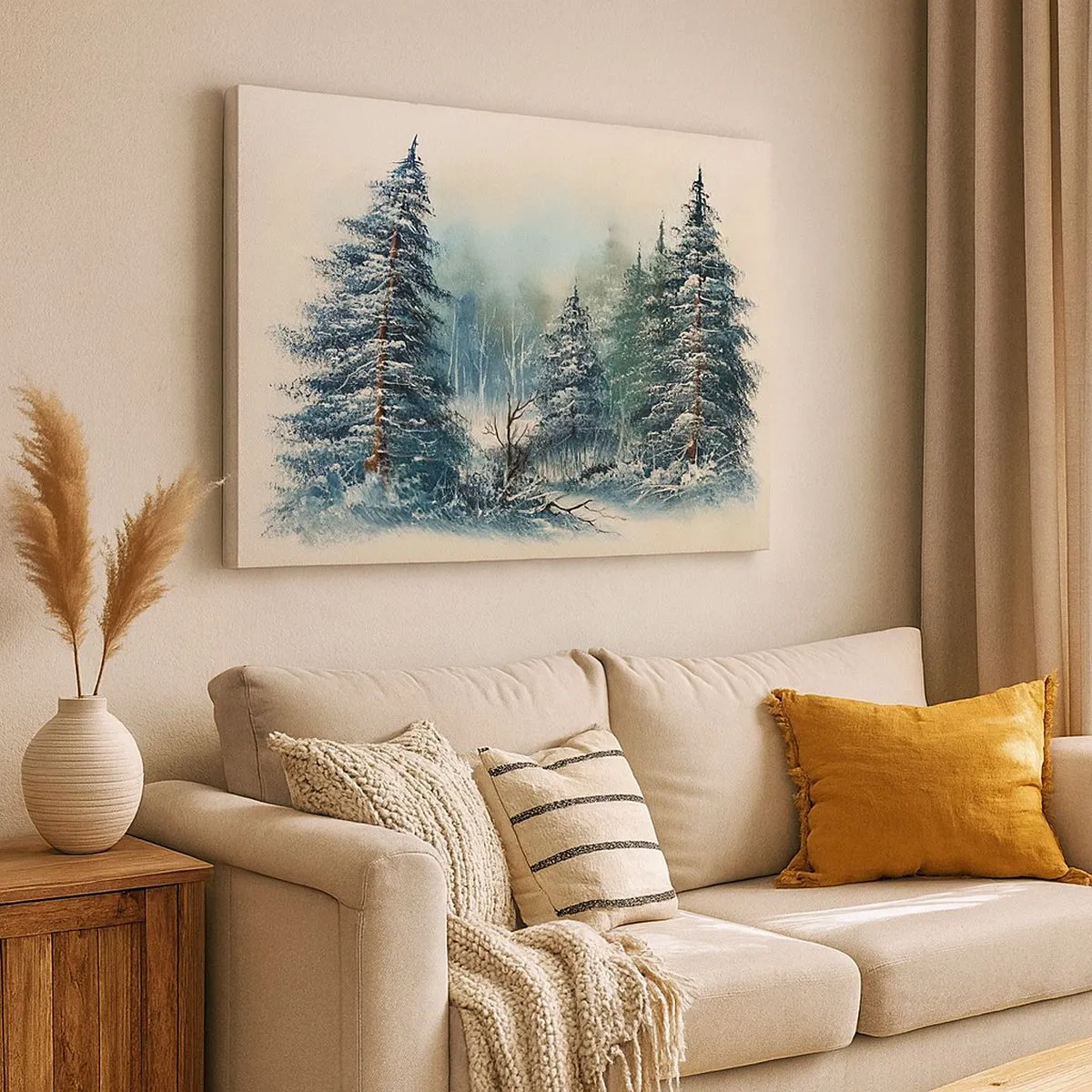 Tablou pe pânză Canvas - Peisaj de iarnă cu copaci acoperiți de zăpadă - 70x50cm - Gata pentru Crăciun - Decorațiune modernă pentru perete pentru living și dormitor ARTTOR