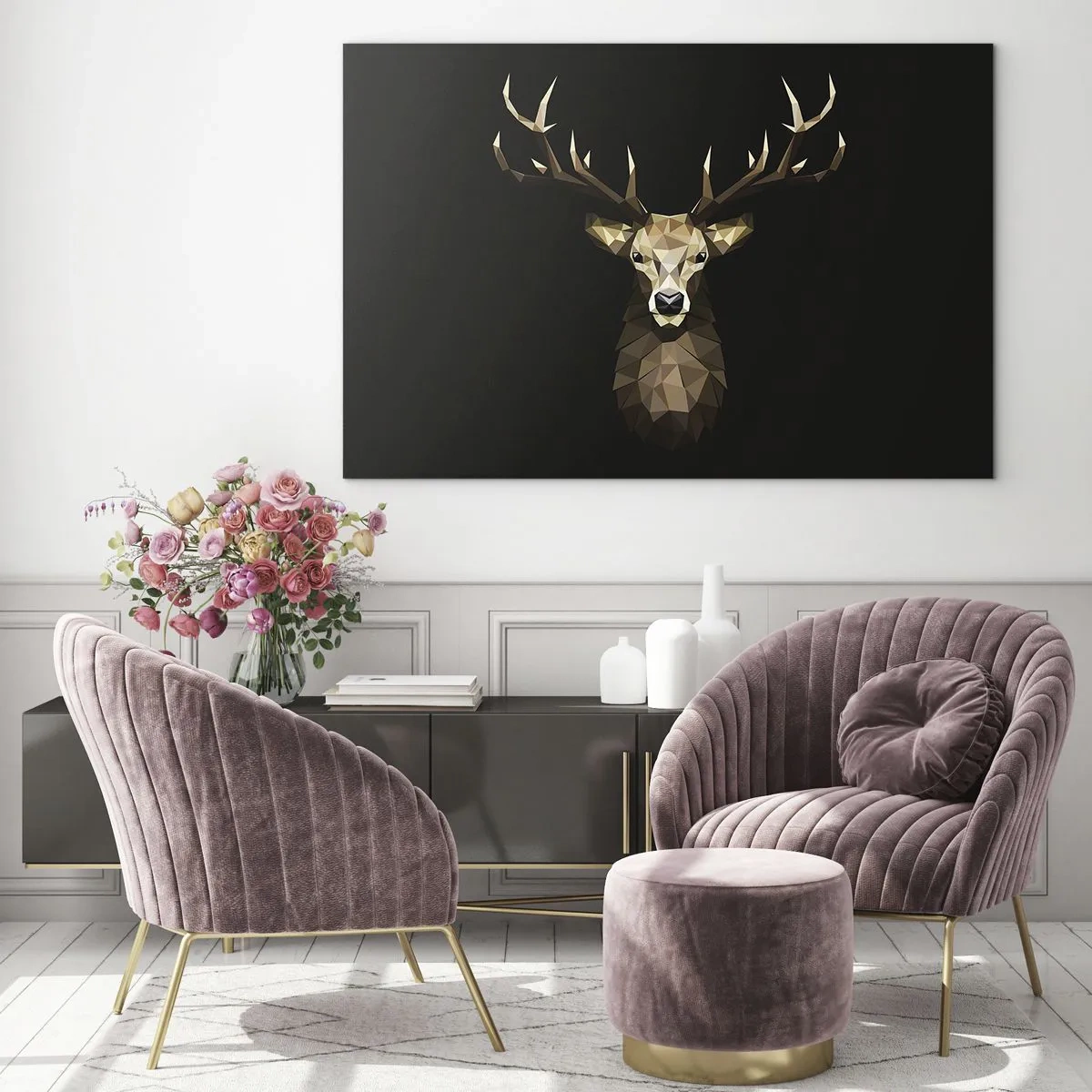 Tablou pe sticlă - Cerb geometric pe fundal negru - 70x50cm - Cerb cubist - Decorațiune modernă pentru perete pentru living și dormitor ARTTOR