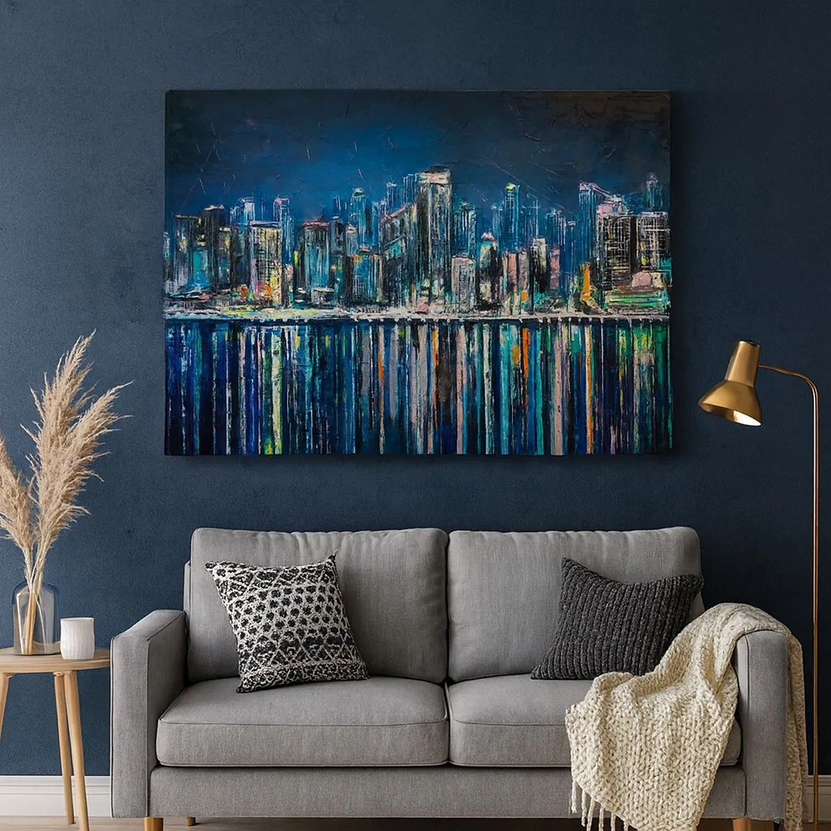 Tablou pe pânză Canvas - Panoramă a orașului nocturn reflectată în apă - 70x50cm - Cascadă de lumini - Decorațiune modernă pentru perete pentru living și dormitor ARTTOR