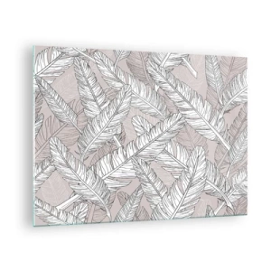 Tablou pe sticlă - Frunze alb-negru pe fundal bej într-un stil grafic - 70x50cm - Vijelie cu pene - Decorațiune modernă pentru perete pentru living și dormitor ARTTOR