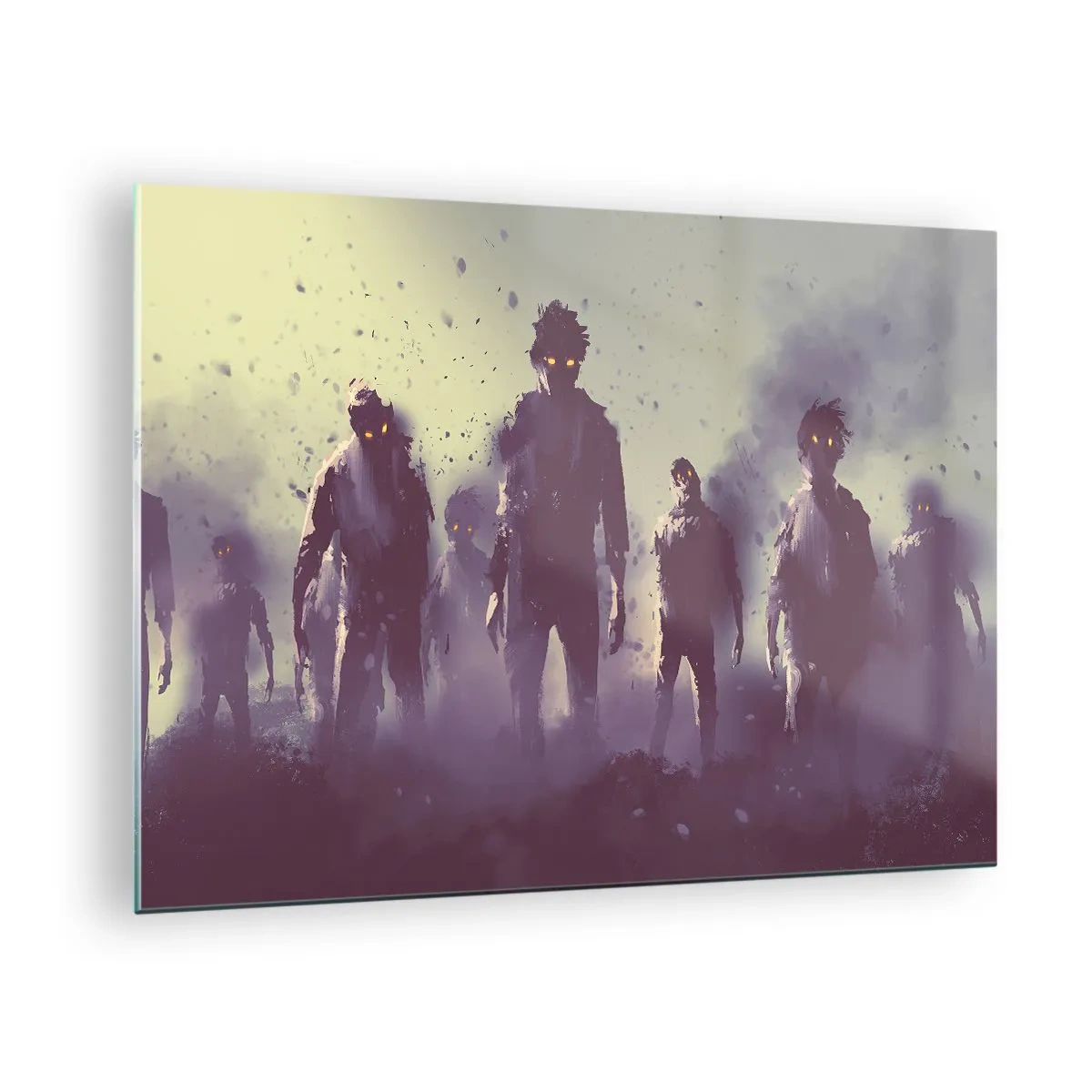 Tablou pe sticlă - O ilustrație întunecată a unui grup de figuri în ceață - 70x50cm - Ai grijă! Se apropie - Decorațiune modernă pentru perete pentru living și dormitor ARTTOR