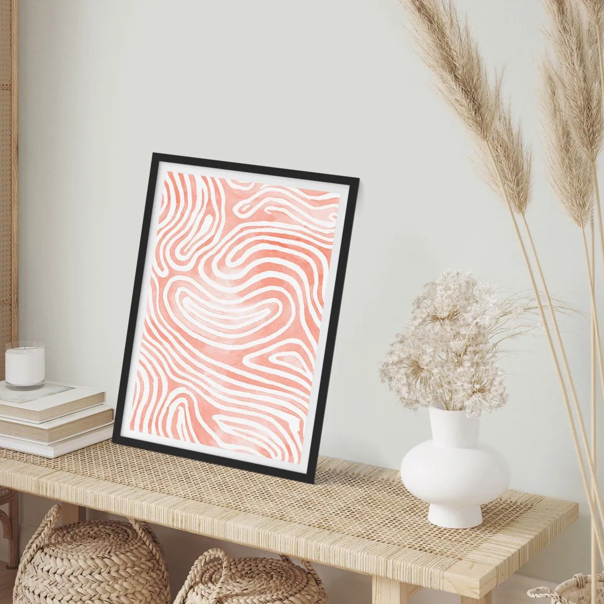 Poster în ramă neagră - Linii abstracte în nuanțe de somon și alb - 50x70cm - Într-un labirint de coral - Decorațiune modernă pentru perete pentru living și dormitor ARTTOR