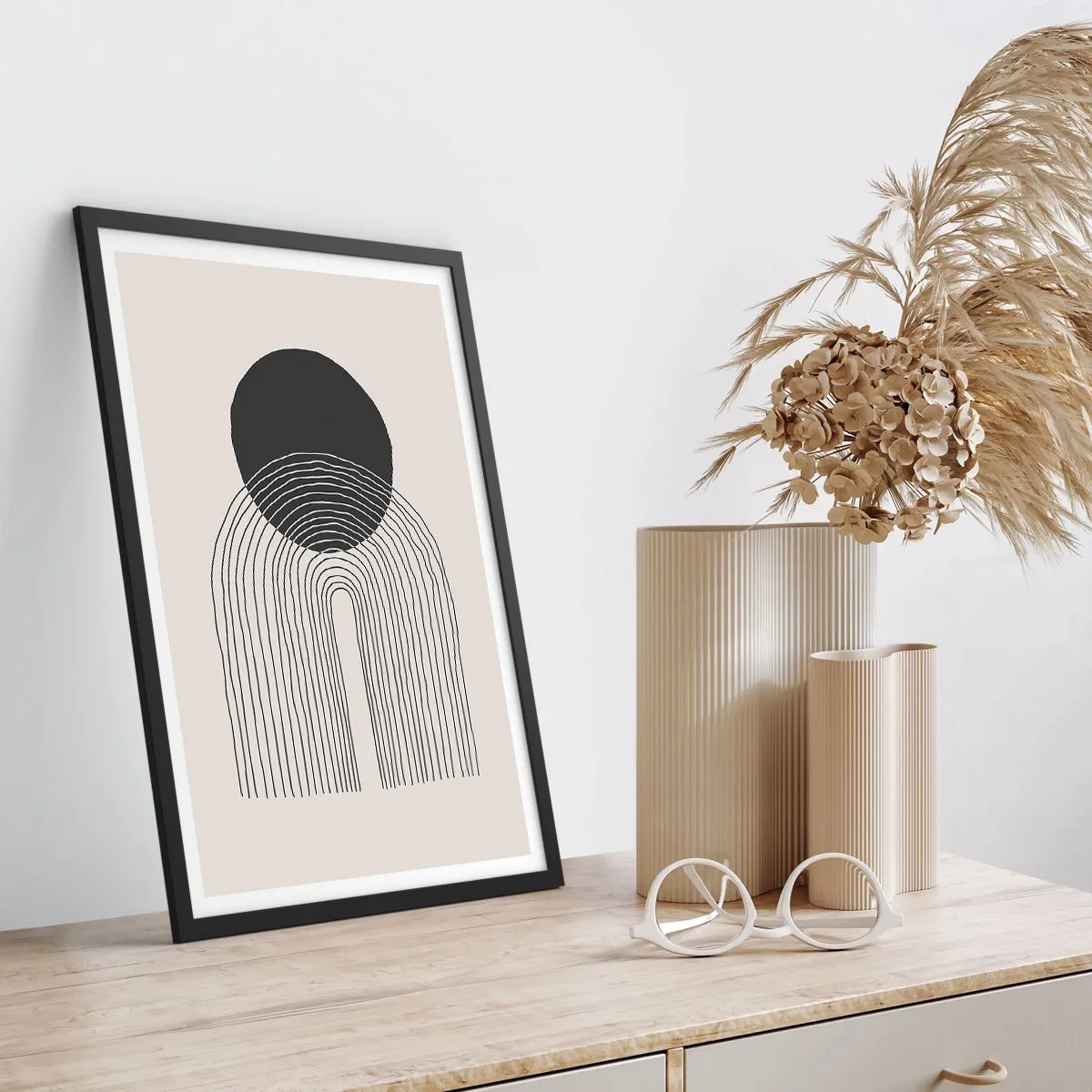 Poster în ramă neagră - Motiv minimalist de cerc și linie alb-negru - 50x70cm - Tremurând și încrezător - Decorațiune modernă pentru perete pentru living și dormitor ARTTOR