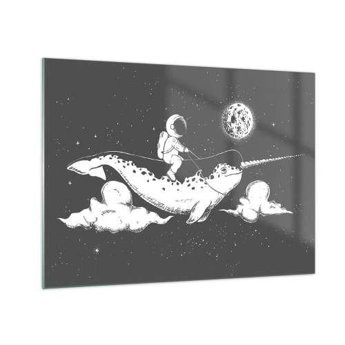 Tablou pe sticlă - Astronautul călare pe un narval într-un decor spațial - 70x50cm - Cavalerul Spațial - Decorațiune modernă pentru perete pentru living și dormitor ARTTOR