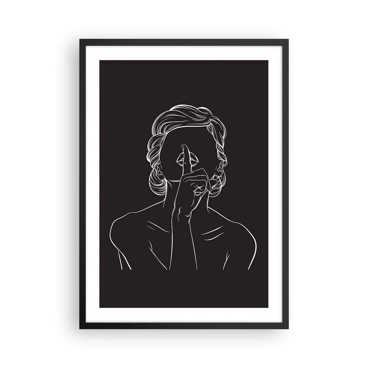 Poster în ramă neagră - O ilustrație minimalistă a unei femei care face un gest de tăcere pe un fundal negru. - 50x70cm - Frumusețea înflorește în tăcere - Decorațiune modernă pentru perete pentru living și dormitor ARTTOR
