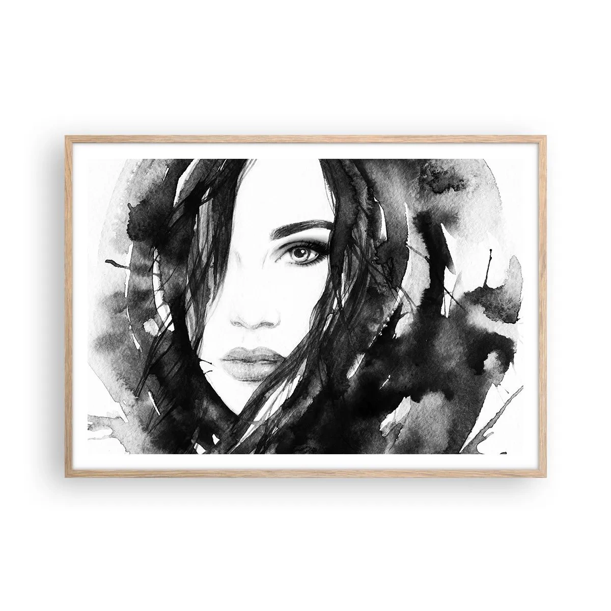 Poster în ramă de stejar deschis - Studiu unei dame în alb și negru - 100x70 cm