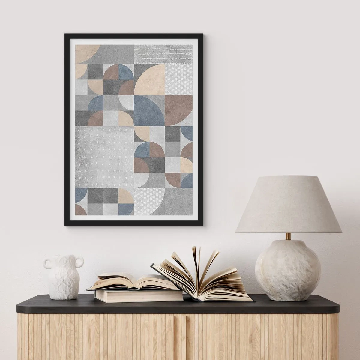 Poster în ramă neagră - Model geometric în nuanțe de gri și albastru - 50x70cm - Fantezie ceramică - Decorațiune modernă pentru perete pentru living și dormitor ARTTOR