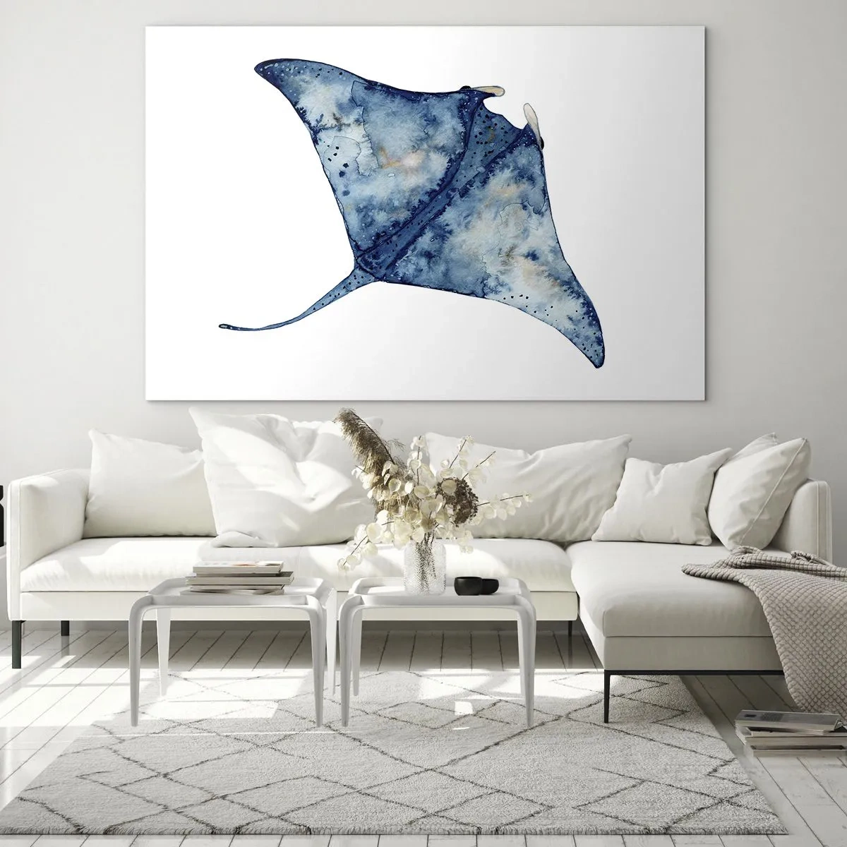 Tablou pe sticlă - Rază albastru-marin în stil acuarelă pe fundal alb - 70x50cm - Viața în albastru - Decorațiune modernă pentru perete pentru living și dormitor ARTTOR