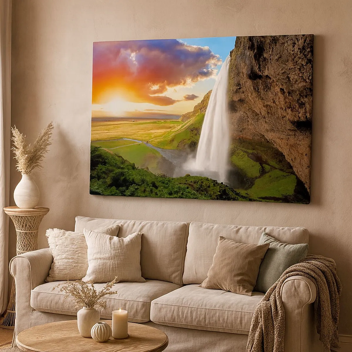 Tablou pe pânză Canvas - cascadă într-un peisaj pitoresc la apus - 70x50cm - Vara plină de Islanda - Decorațiune modernă pentru perete pentru living și dormitor ARTTOR