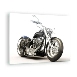 Tablou pe sticlă - O motocicletă chopper neagră pe un fundal deschis - 70x50cm - Putere cu caracter - Decorațiune modernă pentru perete pentru living și dormitor ARTTOR