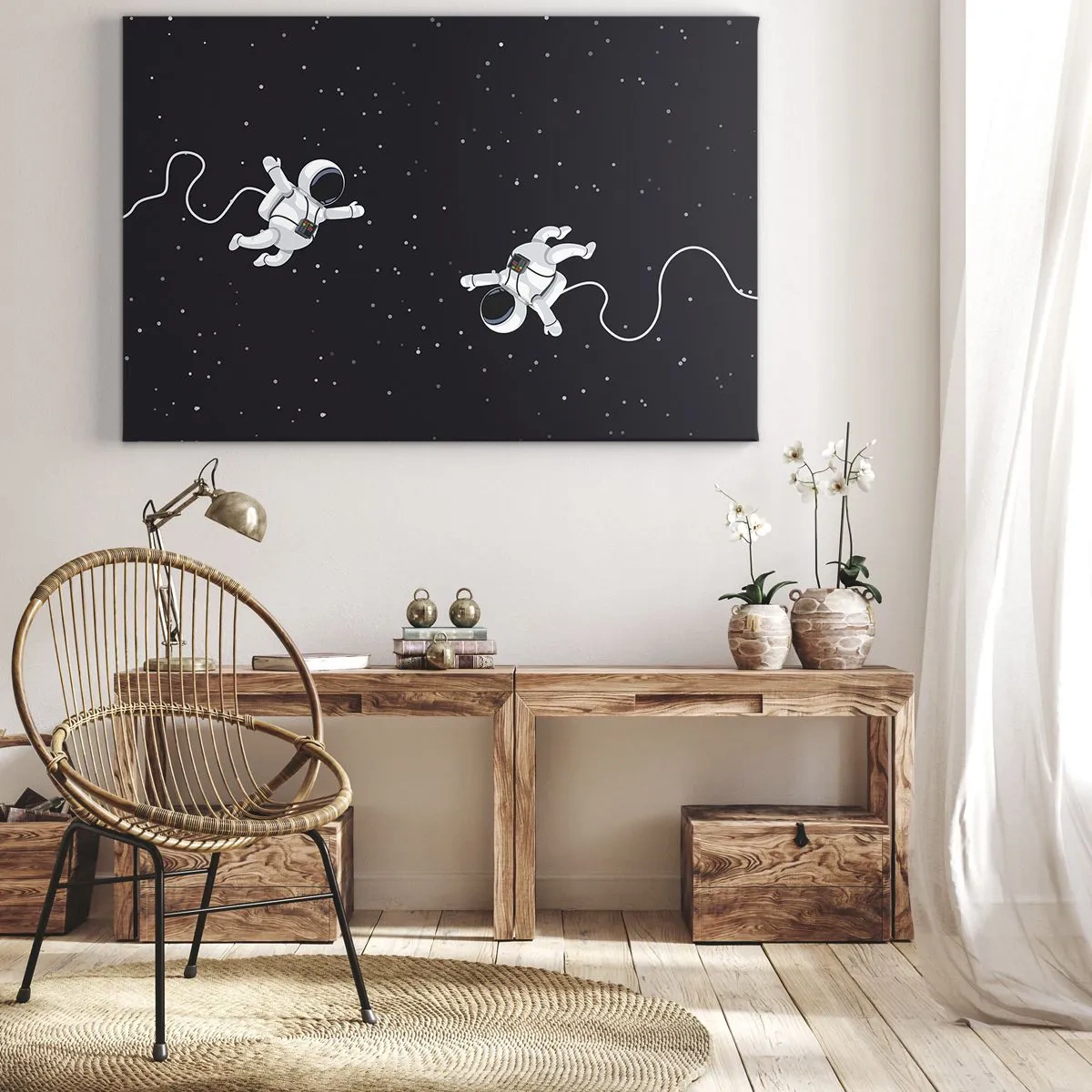 Tablou pe pânză Canvas - Astronauți plutind în spațiu pe un fundal de stele - 70x50cm - Dansul spațial - Decorațiune modernă pentru perete pentru living și dormitor ARTTOR
