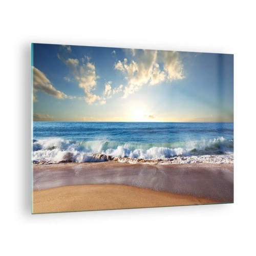 Tablou pe sticlă - Valurile oceanului se sparg pe o plajă aurie la răsărit - 70x50cm - Mișcare și liniște în același timp - Decorațiune modernă pentru perete pentru living și dormitor ARTTOR