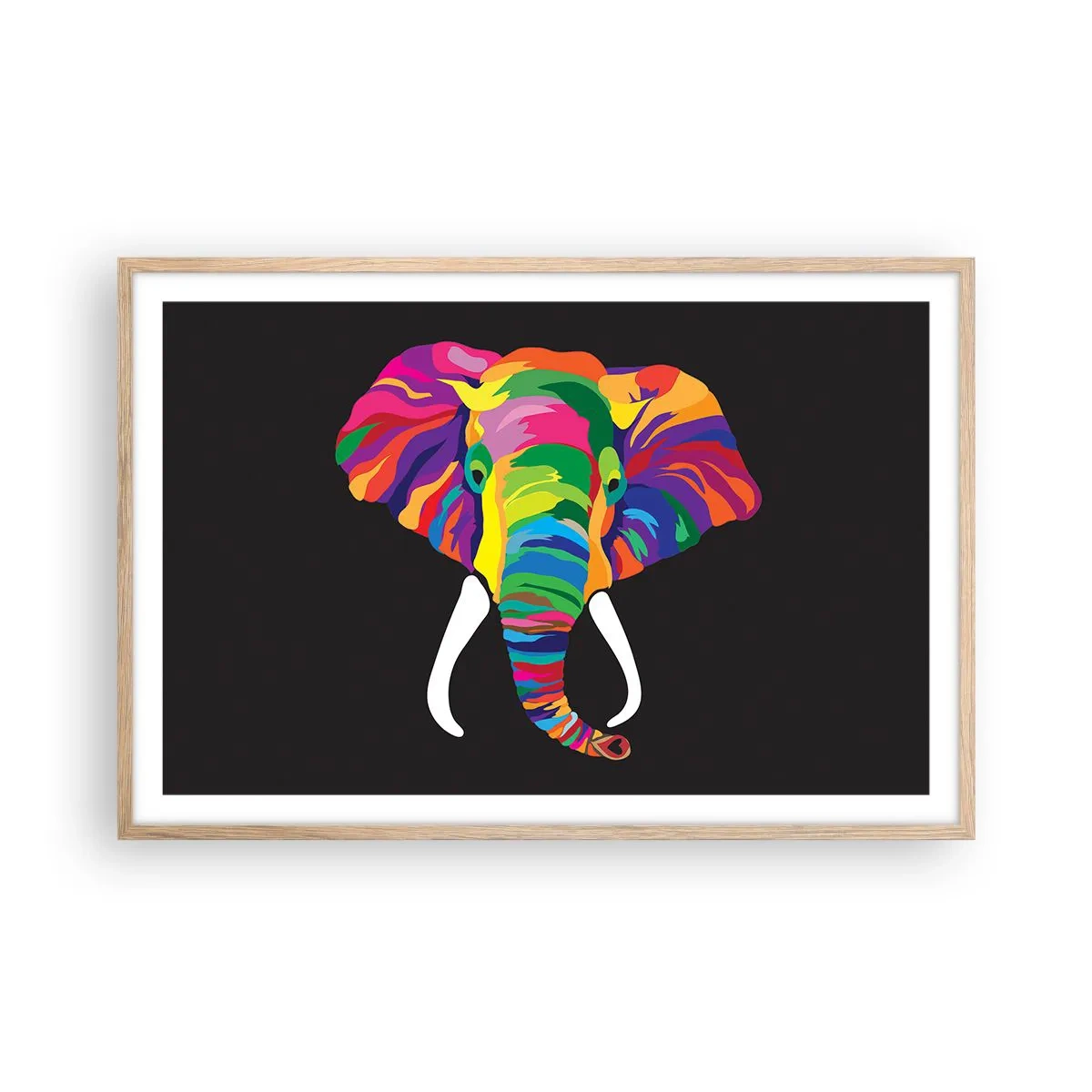 Poster în ramă de stejar deschis - Elefantul căruia îi plăcea să se scalde în curcubeu - 91x61 cm