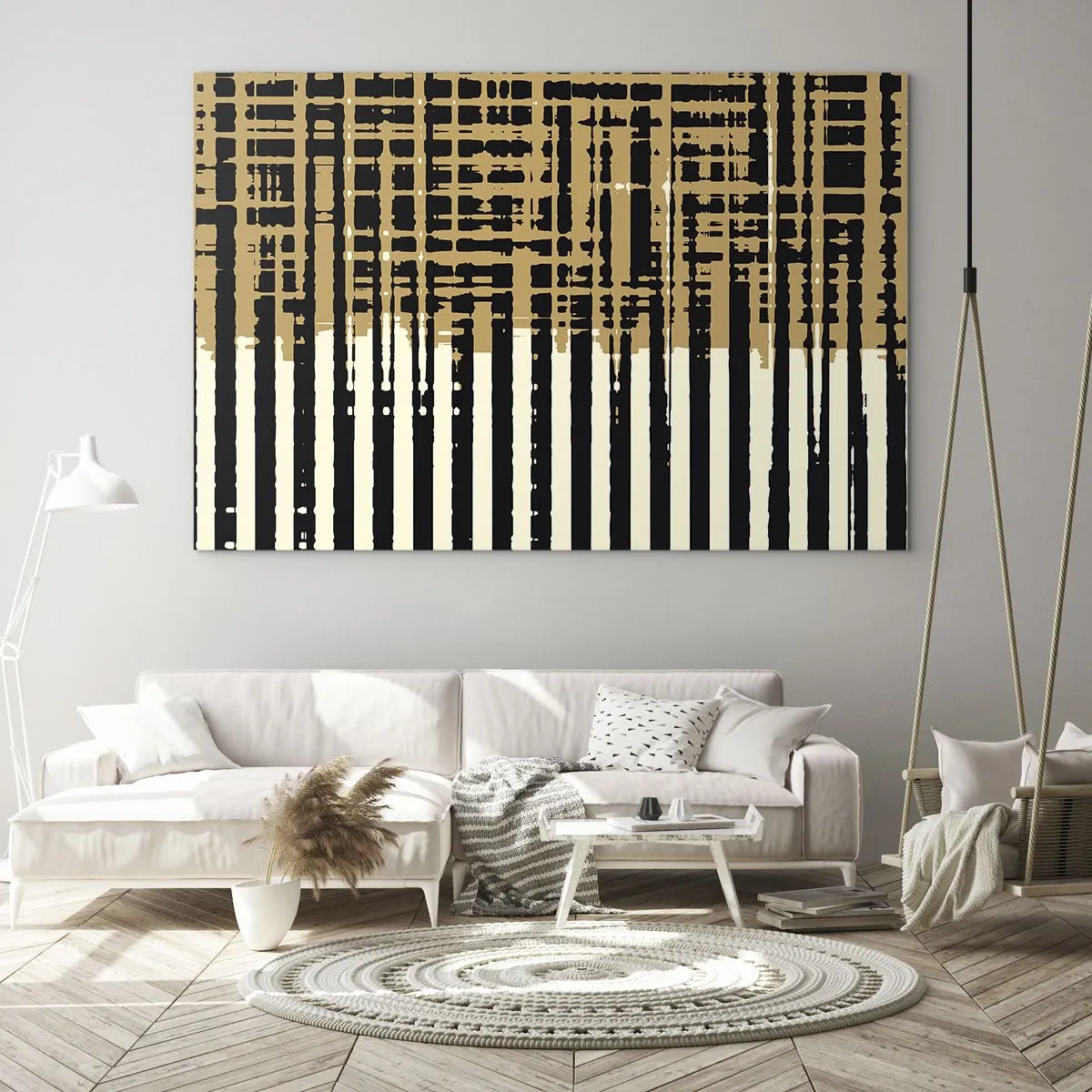 Tablou pe sticlă - Dungi și linii geometrice în nuanțe de negru și auriu - 70x50cm - Abstracție arhitecturală - Decorațiune modernă pentru perete pentru living și dormitor ARTTOR