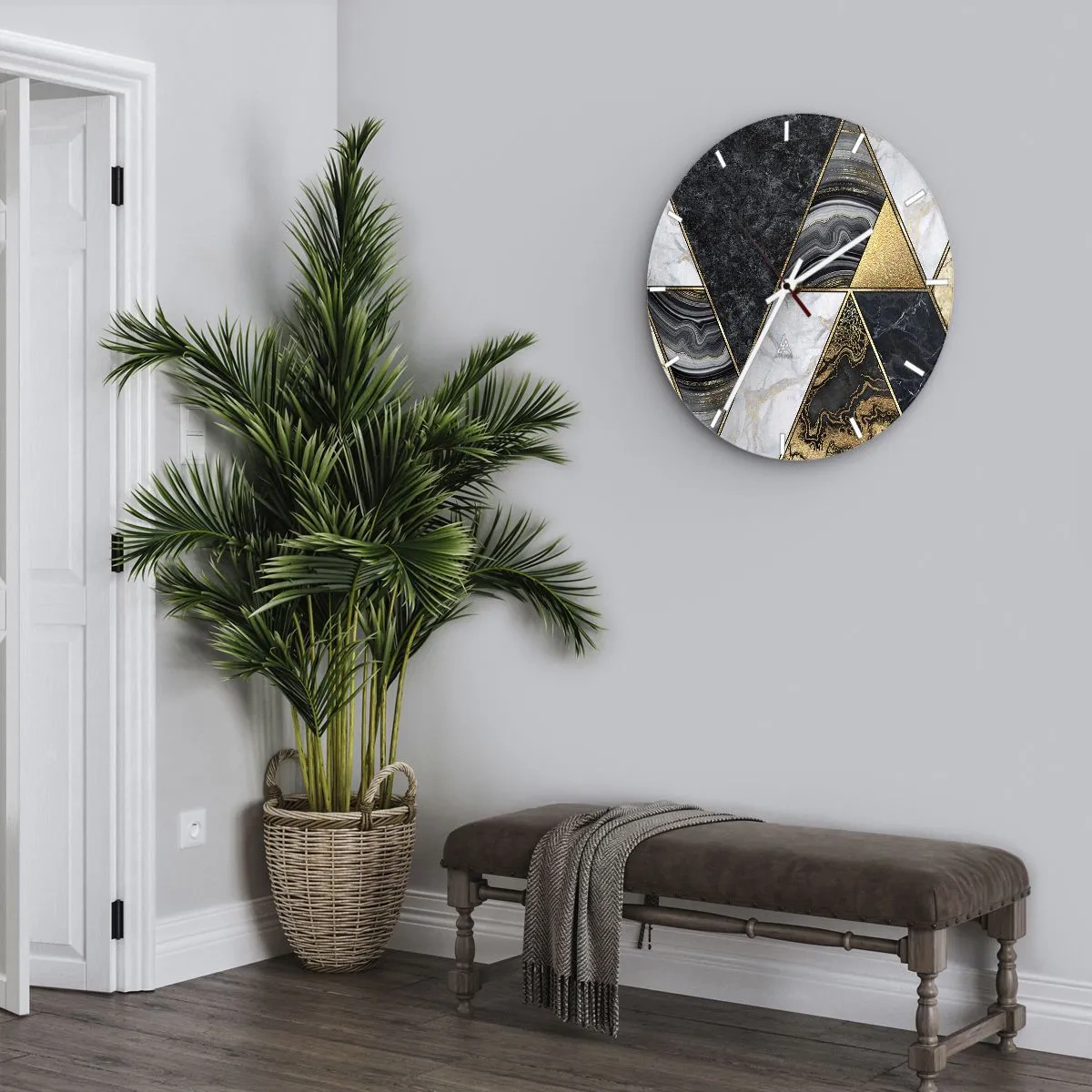 Ceas de perete - Ceas pe sticlă - Triunghiuri de aur și marmură într-un mozaic geometric - 30x30cm - Piatră cu piatră - Decorațiune modernă pentru perete pentru living, bucătărie și dormitor ARTTOR