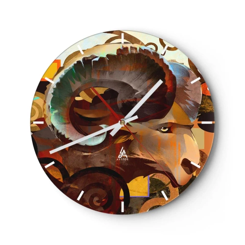 Ceas de perete - Ceas pe sticlă - Cap de berbec stilizat cu un model dinamic și culori intense - 30x30cm - Magii - religii - ritualuri - Decorațiune modernă pentru perete pentru living, bucătărie și dormitor ARTTOR