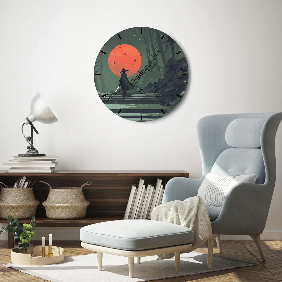 Ceas de perete - Ceas pe sticlă - Un războinic singuratic în pădure sub o lună roșie - 30x30cm - Războinicul lunii roșii - Decorațiune modernă pentru perete pentru living, bucătărie și dormitor ARTTOR