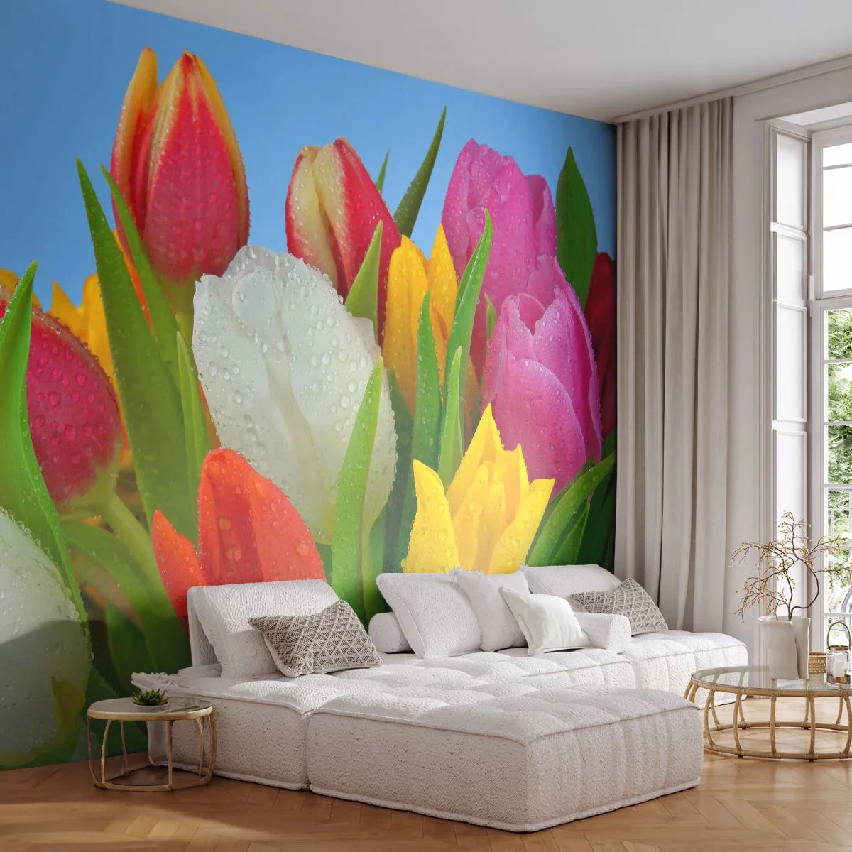 Tapet Premium Sand - Un curcubeu floral în picături de rouă - Lalele, Flori, Buchet de flori - 100x70 cm