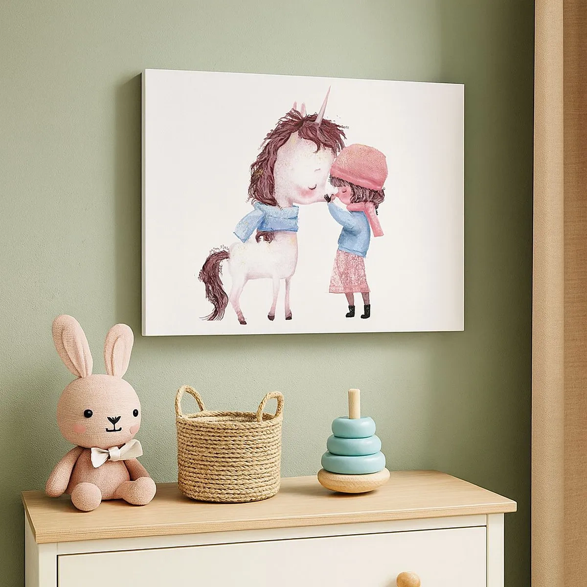 Tablou pe pânză Canvas - O fată și un unicorn într-un peisaj de iarnă - 70x50cm - O poveste de iarnă - Decorațiune modernă pentru perete pentru living și dormitor ARTTOR