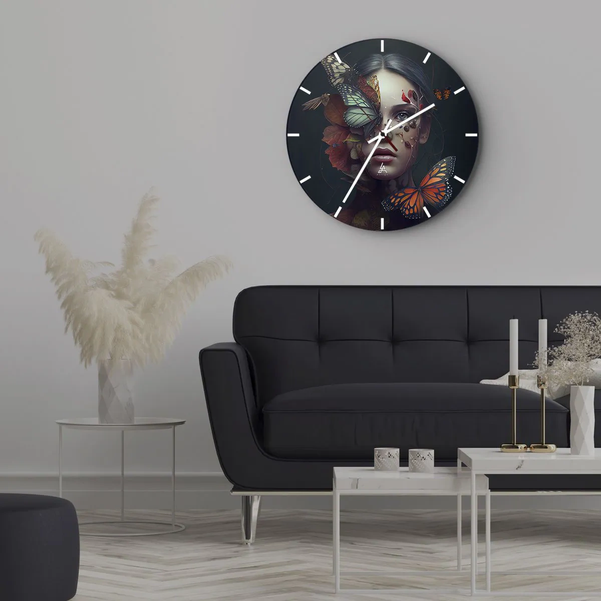 Ceas de perete - Ceas pe sticlă - O femeie cu fluturi și frunze pe față într-o compoziție artistică. - 30x30cm - Transformare minunată - Decorațiune modernă pentru perete pentru living, bucătărie și dormitor ARTTOR
