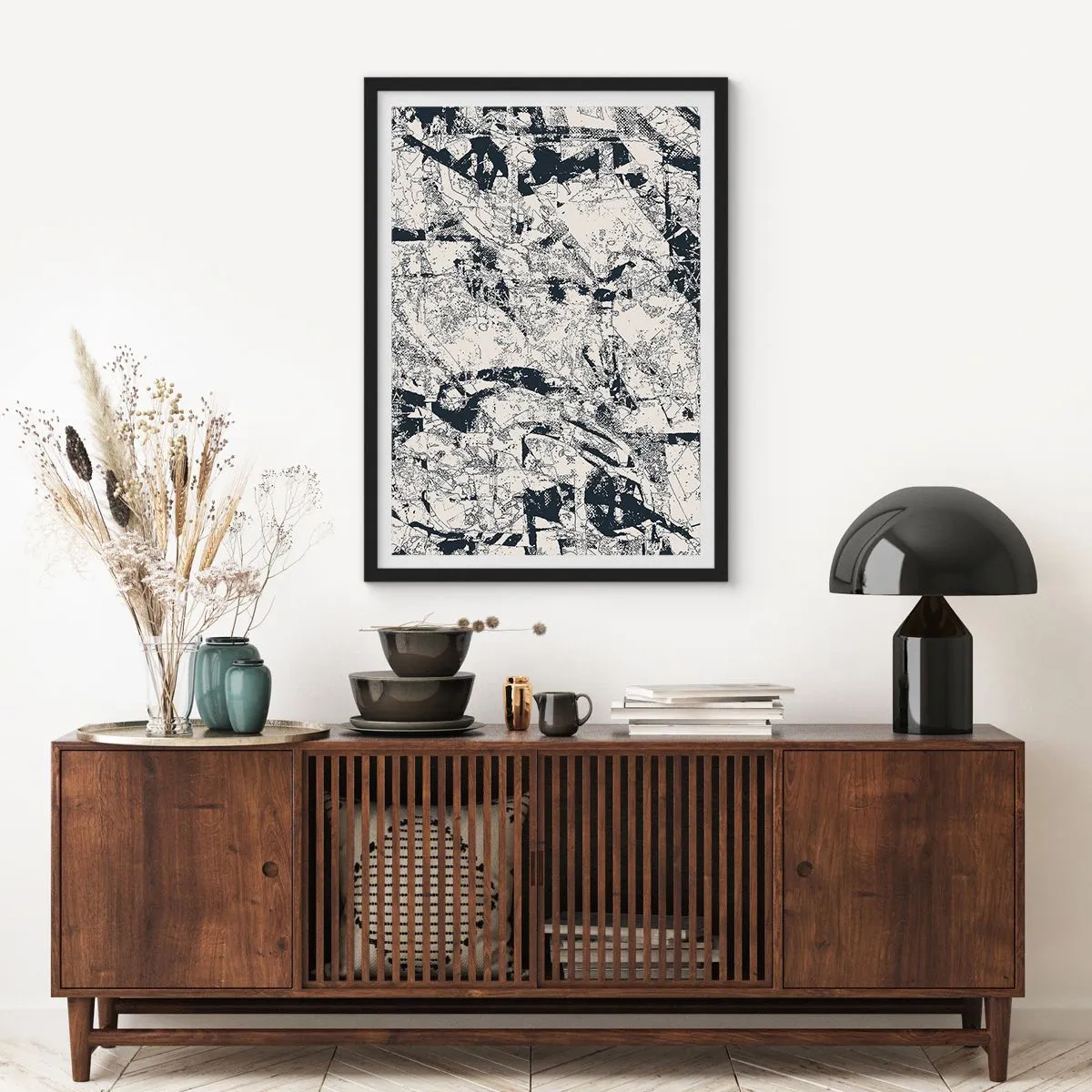 Poster în ramă neagră - Compoziție texturată abstractă alb-negru - 50x70cm - Întrepătrunderea contrariilor - Decorațiune modernă pentru perete pentru living și dormitor ARTTOR