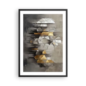 Poster în ramă neagră - Abstracție geometrică în nuanțe de gri și auriu - 50x70cm - Compoziție de gheață și lumină - Decorațiune modernă pentru perete pentru living și dormitor ARTTOR