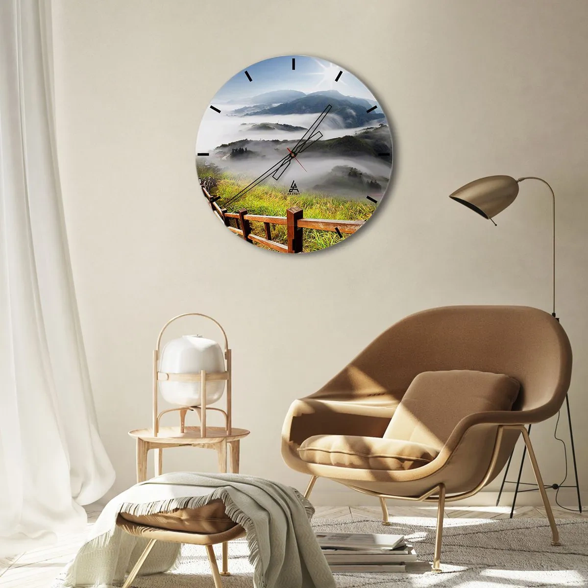 Ceas de perete - Ceas pe sticlă - Vedere a unei văi încețoșate cu un gard de lemn - 30x30cm - Țesut de strălucire și ceață - Decorațiune modernă pentru perete pentru living, bucătărie și dormitor ARTTOR