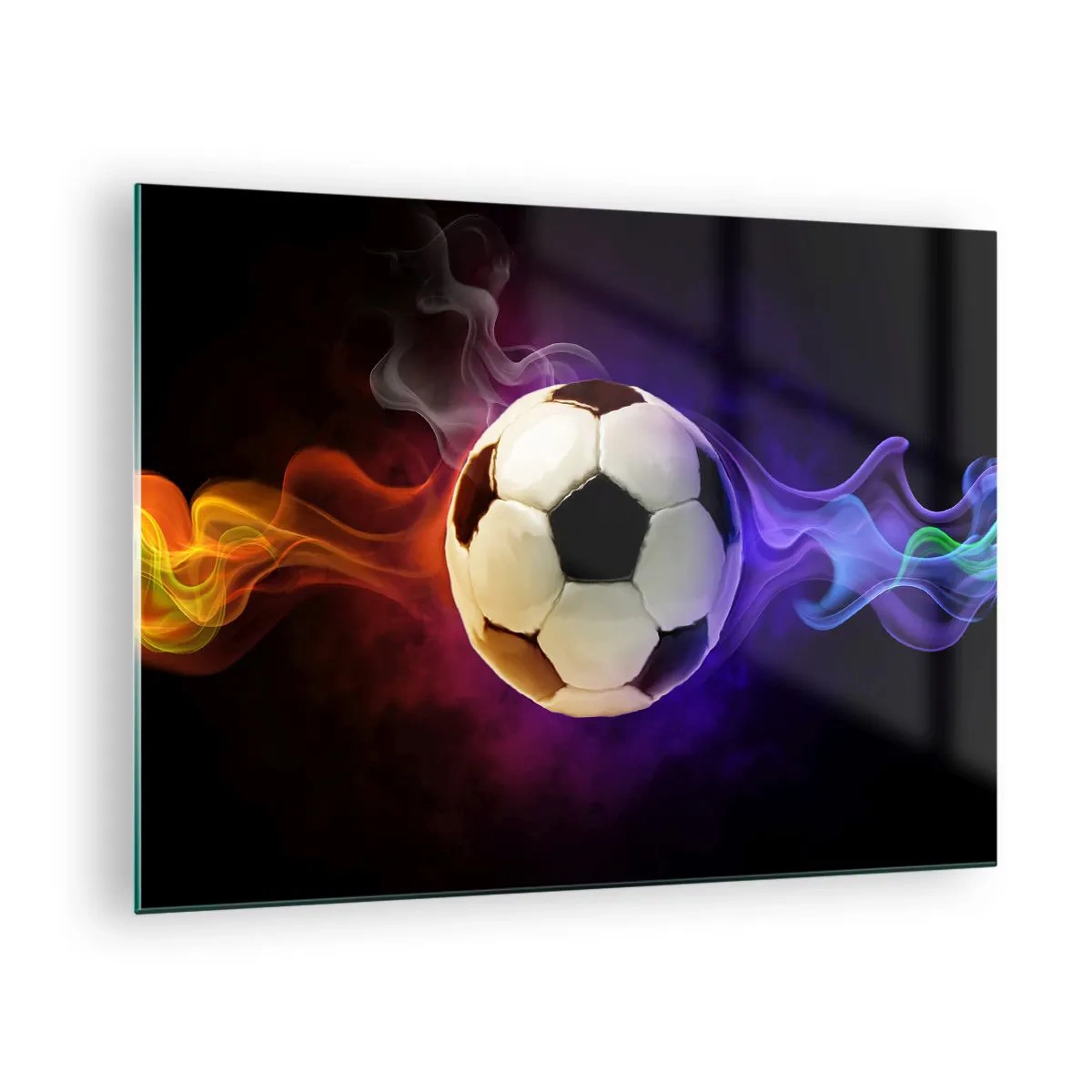 Tablou pe sticlă - O minge de fotbal înconjurată de dungi colorate - 70x50cm - Puterea magică a jocului - Decorațiune modernă pentru perete pentru living și dormitor ARTTOR