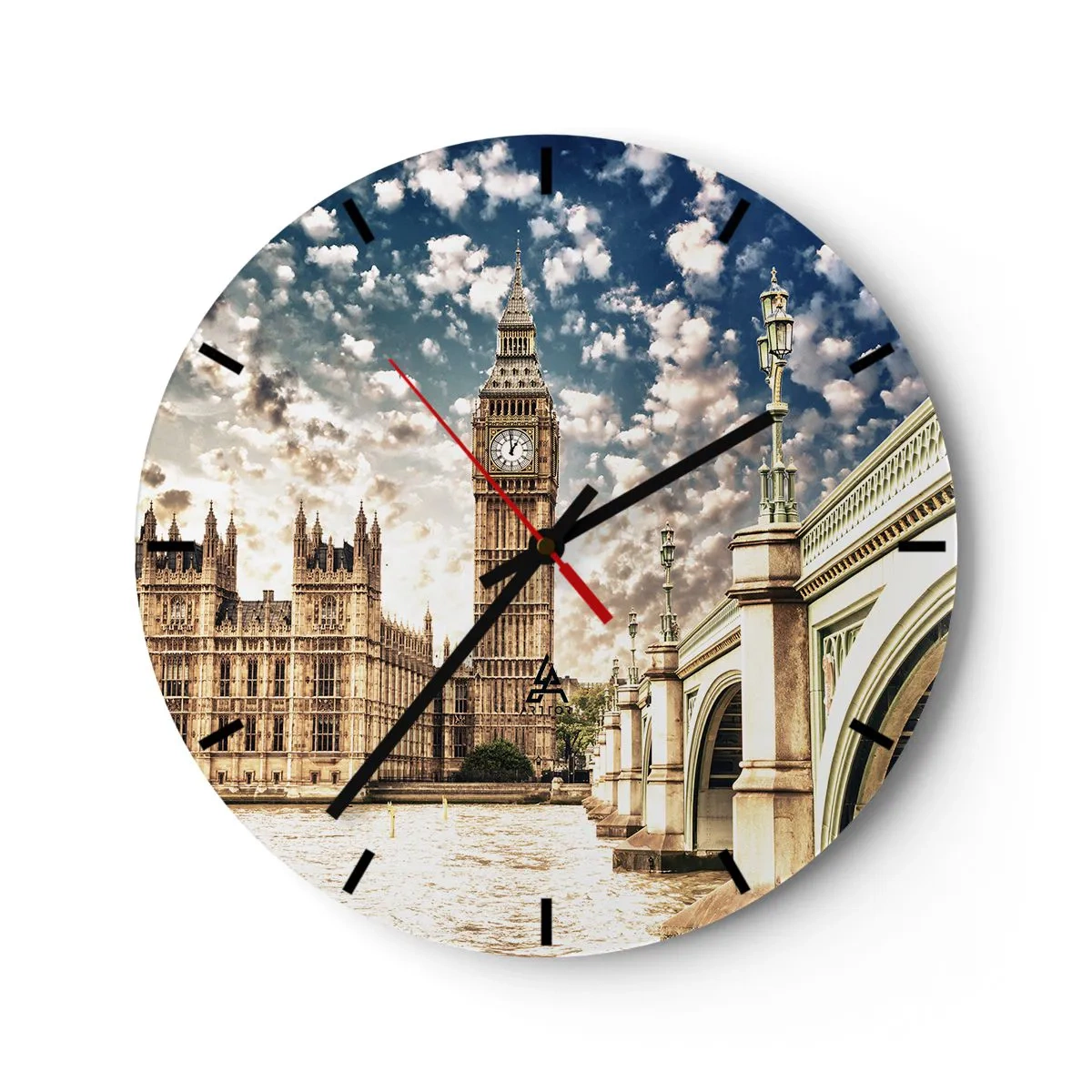 Ceas de perete - Ceas pe sticlă - Big Ben și Podul Tamisa din Londra într-o zi însorită - 30x30cm - Nori de pene deasupra Tamisei - Decorațiune modernă pentru perete pentru living, bucătărie și dormitor ARTTOR