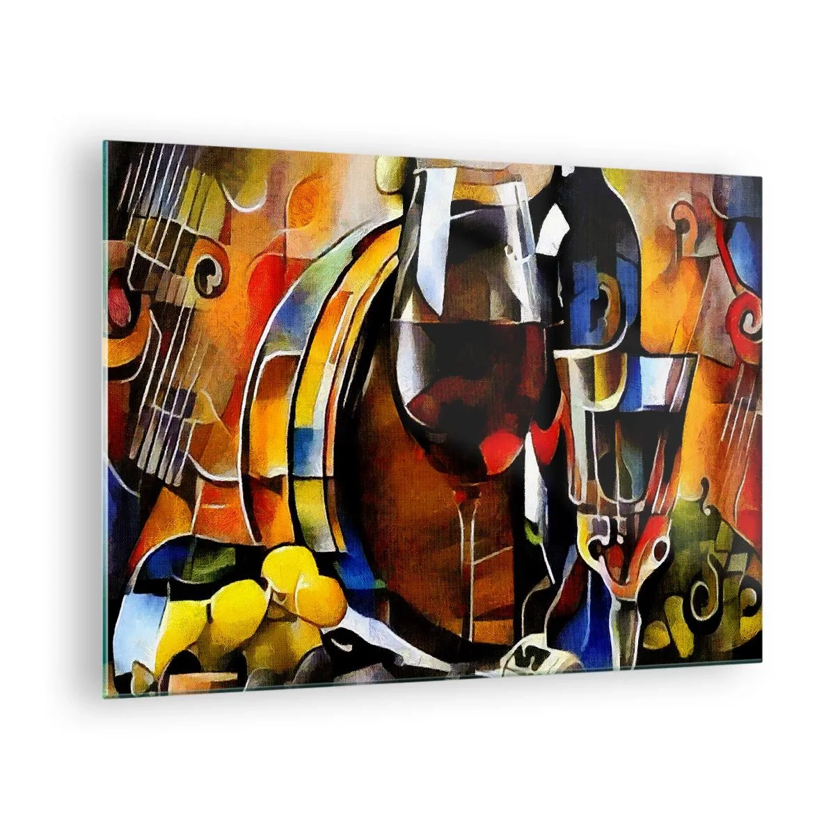 Tablou pe sticlă - Compoziție abstractă cu pahare de vin și instrumente - 70x50cm - Și lumea devine mai colorată - Decorațiune modernă pentru perete pentru living și dormitor ARTTOR