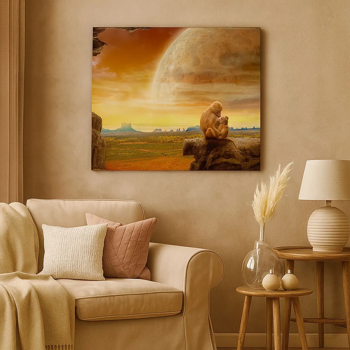 Tablou pe pânză Canvas - Maimuțe așezate pe o stâncă într-un peisaj suprarealist cu o planetă gigantică - 70x50cm - Iubirea peste tot la fel - Decorațiune modernă pentru perete pentru living și dormitor ARTTOR