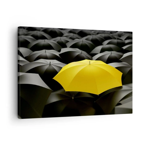 Tablou pe pânză Canvas - O umbrelă galbenă printre umbrele negre - 70x50cm - La revedere, tristețe - Decorațiune modernă pentru perete pentru living și dormitor ARTTOR