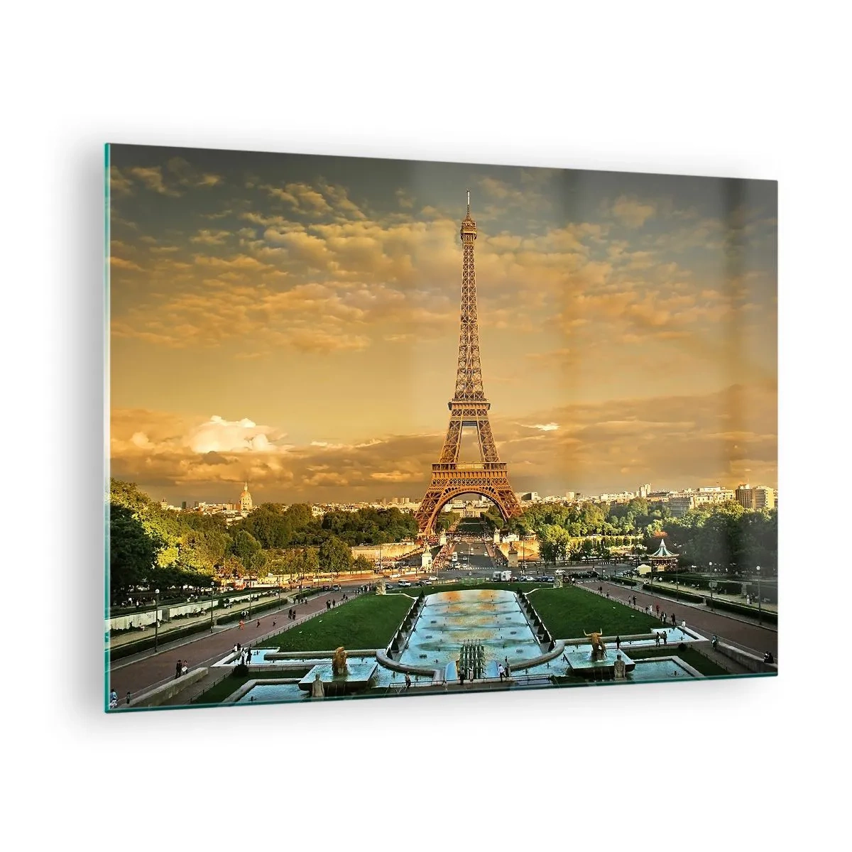 Tablou pe sticlă - Turnul Eiffel înconjurat de grădini pariziene la apus - 70x50cm - Simbolul Parisului - Decorațiune modernă pentru perete pentru living și dormitor ARTTOR