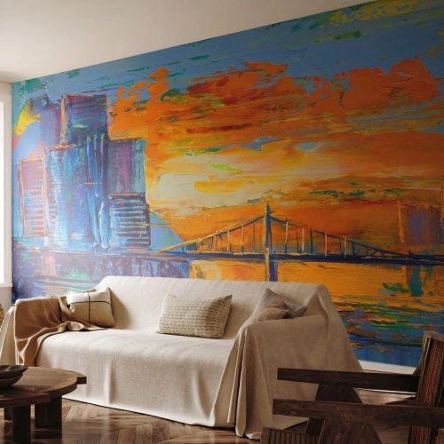 Tapet Standard Eco - Panoramă abstractă a orașului în culori intense - 100x70cm - Cultură și natură - Decorațiune modernă pentru perete pentru living și dormitor ARTTOR
