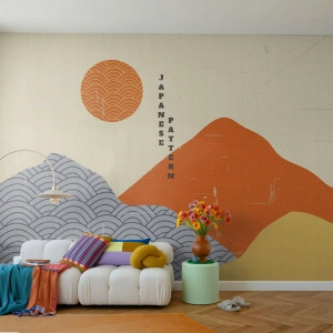 Tapet Standard Eco - Model japonez cu munți și soare într-un stil geometric - 100x70cm - În stil japonez - Decorațiune modernă pentru perete pentru living și dormitor ARTTOR