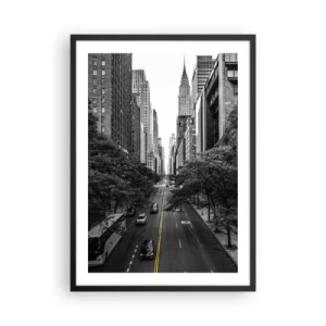Poster în ramă neagră - Panoramă a orașului alb-negru cu o linie galbenă pe drum - 50x70cm - New York dimineața - Decorațiune modernă pentru perete pentru living și dormitor ARTTOR