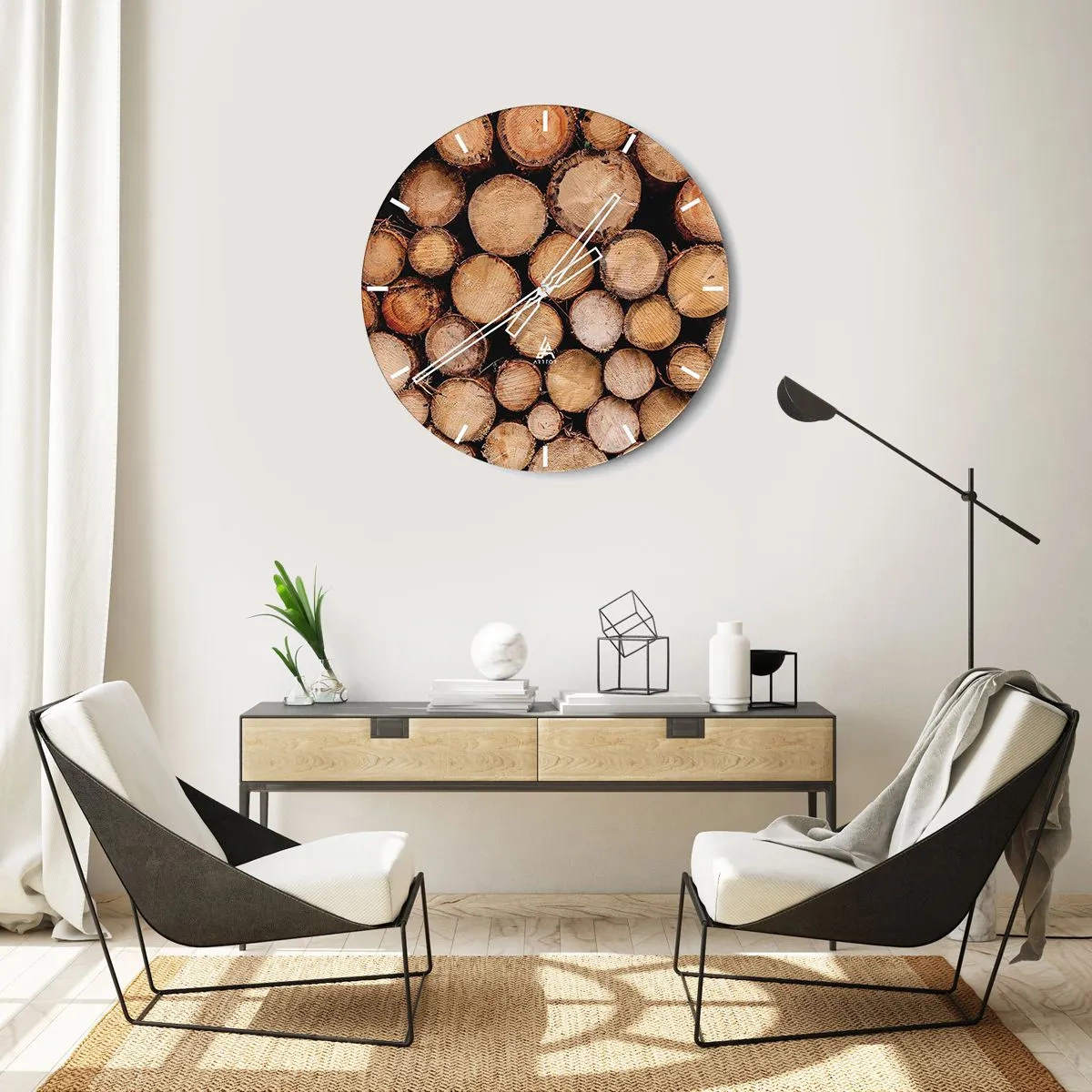 Ceas de perete - Ceas pe sticlă - Trunchiuri de copaci tăiate, aranjate într-o compoziție naturală - 30x30cm - Un nou început - Decorațiune modernă pentru perete pentru living, bucătărie și dormitor ARTTOR