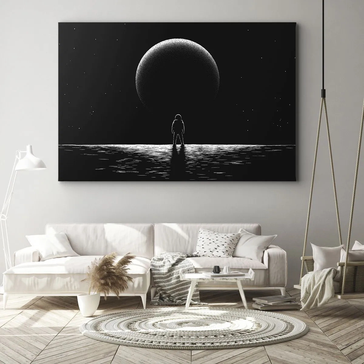 Tablou pe pânză Canvas - Un astronaut pe fundalul unei planete mari în spațiul cosmic - 70x50cm - Față în față - Decorațiune modernă pentru perete pentru living și dormitor ARTTOR