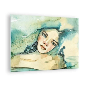 Tablou pe sticlă - Portret de femeie în stil acuarelă cu siluete de figuri - 70x50cm - Am I blue? - Decorațiune modernă pentru perete pentru living și dormitor ARTTOR