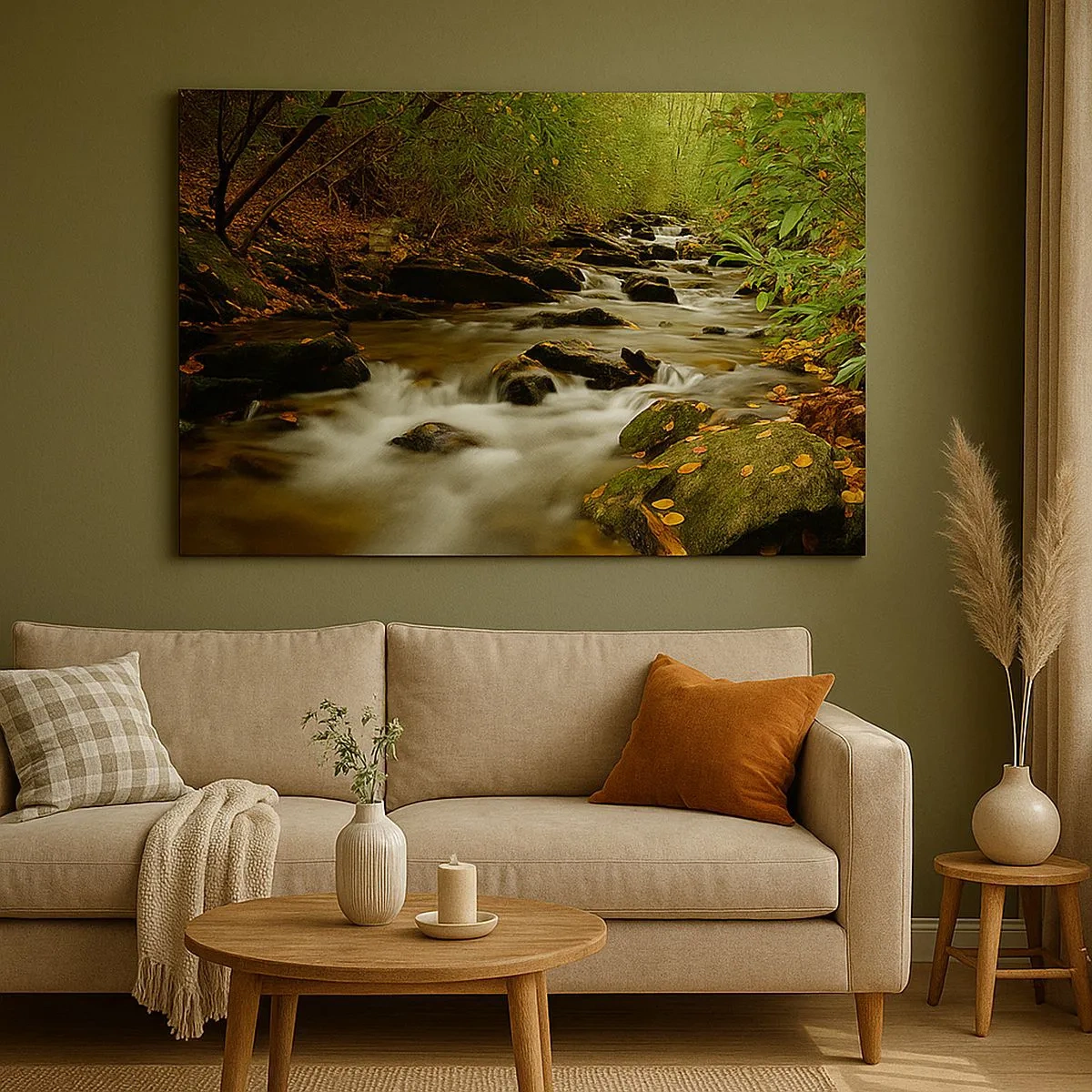 Tablou pe pânză Canvas - Un pârâu de pădure curge printre pietre înconjurat de verdeață - 70x50cm - Ca argintul lichid - Decorațiune modernă pentru perete pentru living și dormitor ARTTOR