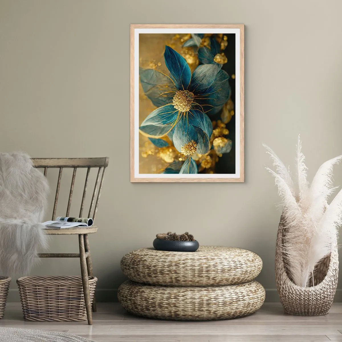 Poster în ramă de stejar deschis - Floare cu aur - 70x100 cm