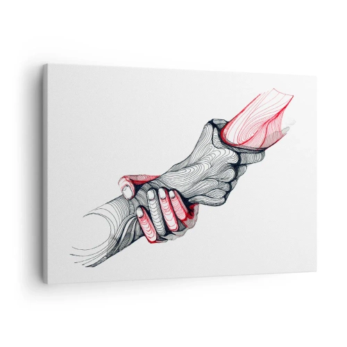 Tablou pe pânză Canvas - Mâini artistice ținându-se una de alta într-un stil minimalist - 70x50cm - Ești pe mâini bune - Decorațiune modernă pentru perete pentru living și dormitor ARTTOR