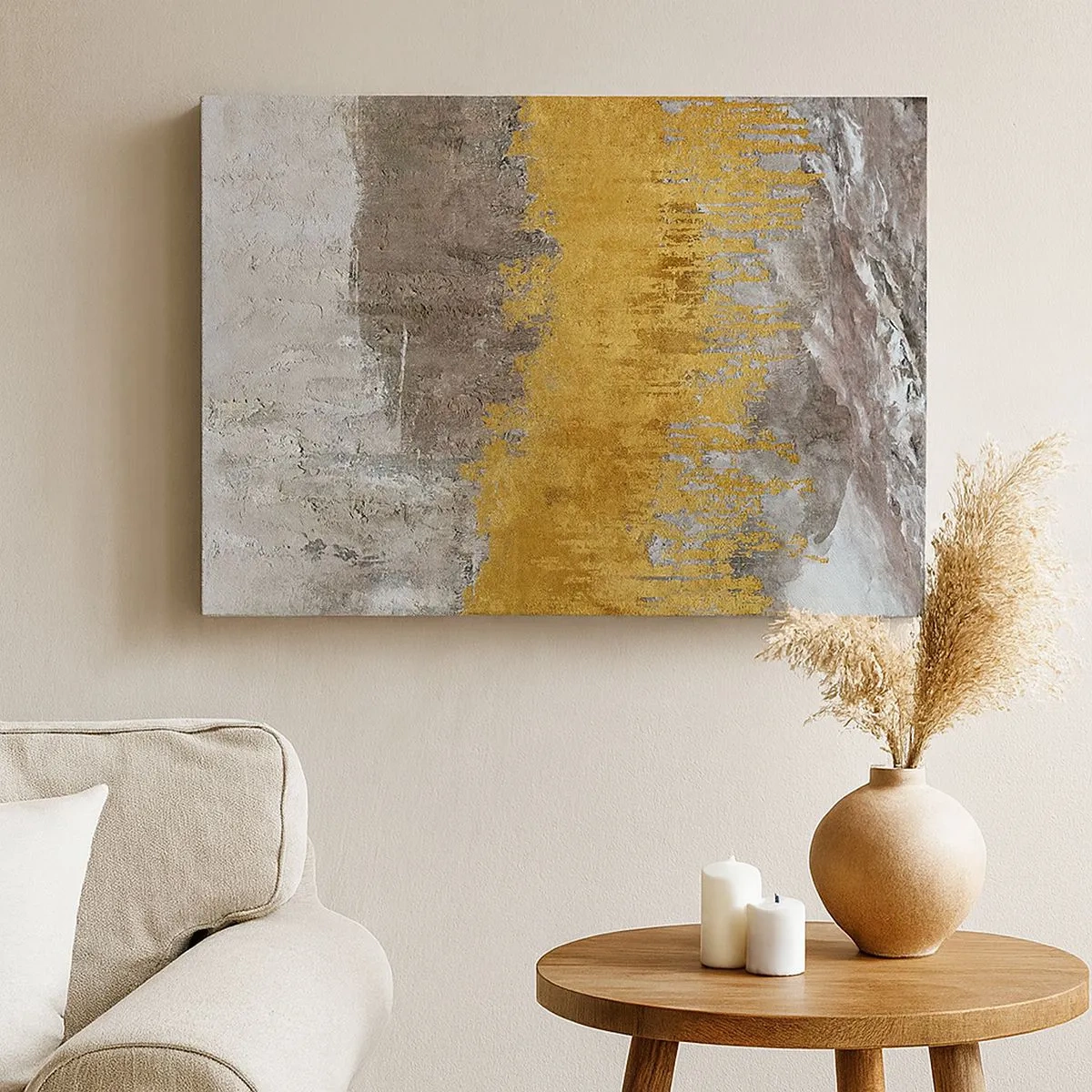 Tablou pe pânză Canvas - Model abstract auriu și bej - 70x50cm - O suflare de aur - Decorațiune modernă pentru perete pentru living și dormitor ARTTOR