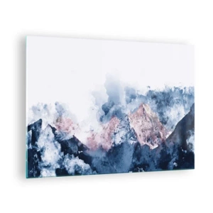 Tablou pe sticlă - Munți în acuarelă în nuanțe pastelate de albastru și roz - 70x50cm - Acestea sunt vârfurile! - Decorațiune modernă pentru perete pentru living și dormitor ARTTOR