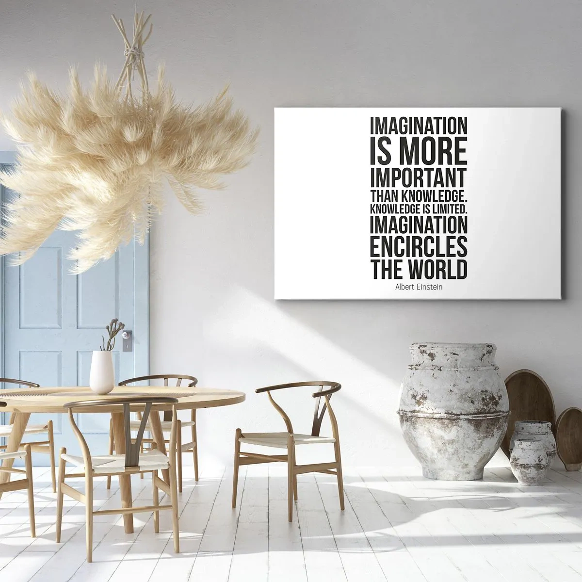 Tablou pe pânză Canvas - Citat inspirațional pe fundal alb cu font negru - 70x50cm - Einstein despre puterea imaginației - Decorațiune modernă pentru perete pentru living și dormitor ARTTOR