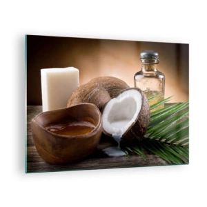 Tablou pe sticlă - Ingrediente naturale cu nucă de cocos și ulei pe un fundal de lemn - 70x50cm - Sănătate din insulele tropicale - Decorațiune modernă pentru perete pentru living și dormitor ARTTOR